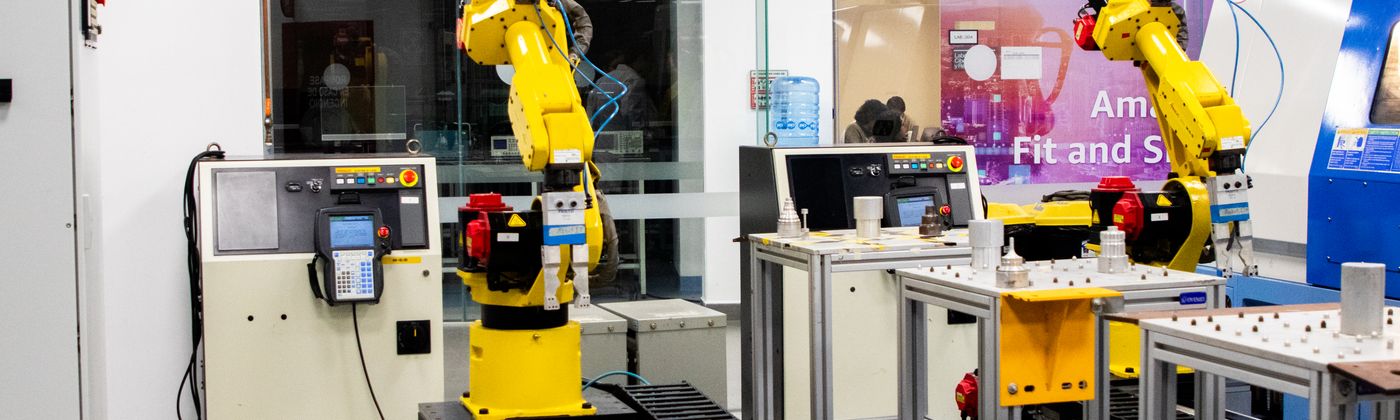 Robotic automation equipment on a modern factory production line